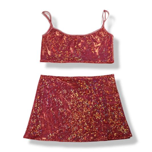 Shatterstar coral Mini Skirt with slit and pammy top set - Rebel La Belle